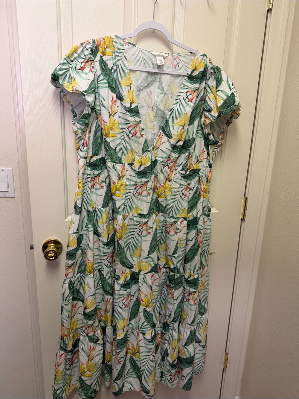 H&M White Midi Dress with Green Leaf & Yellow Floral Print